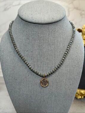 Park Lane Gray Glass Beaded Necklace with Gold Disc Charm